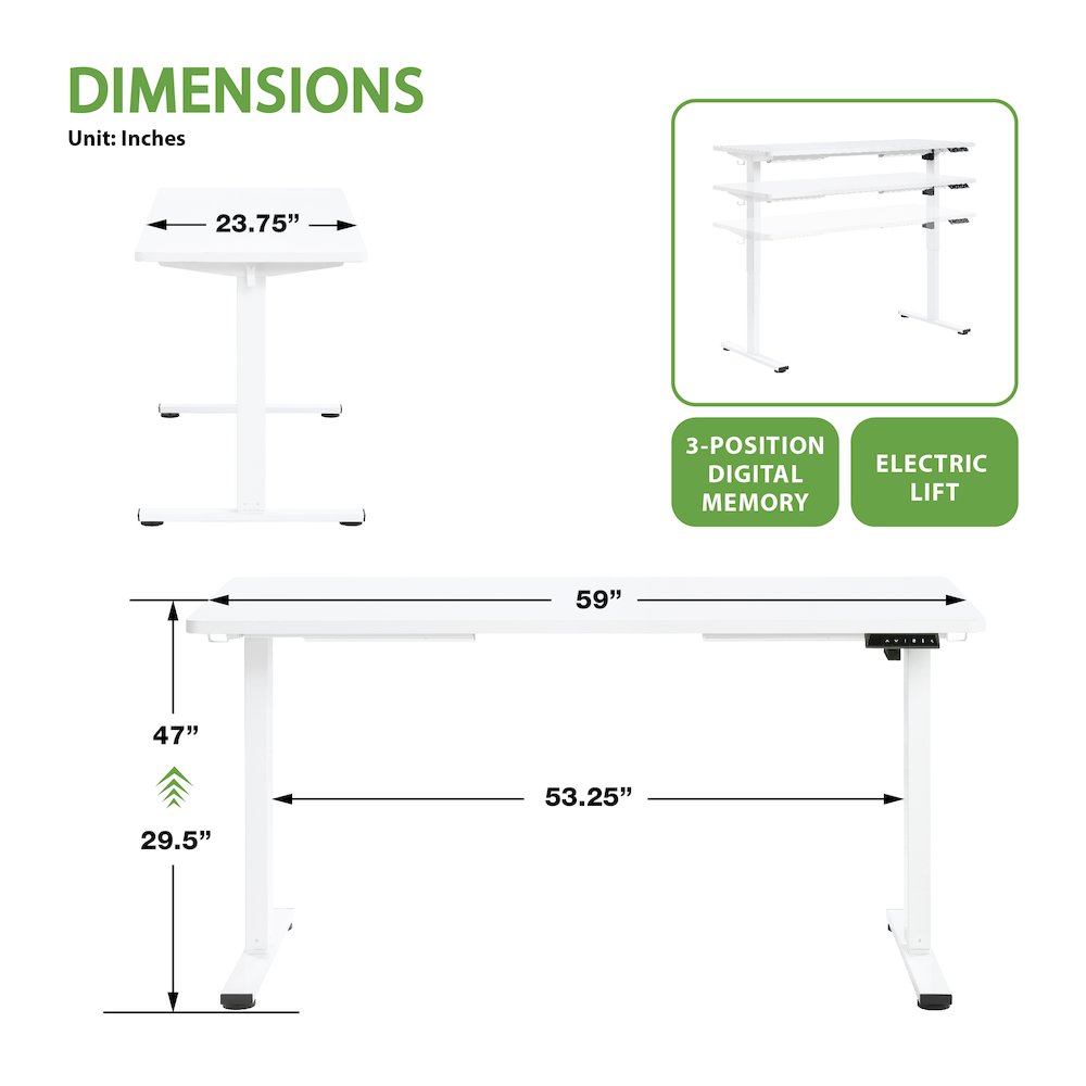 Primo 59"W Sit to Stand Electric Height Adjustable Desk in White Finish