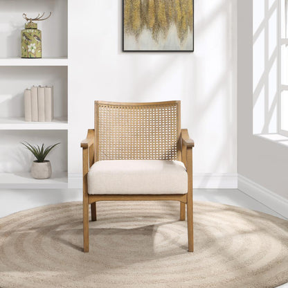 Alaina Cane Back Arm Chair in Linen Fabric with Coastal Wash