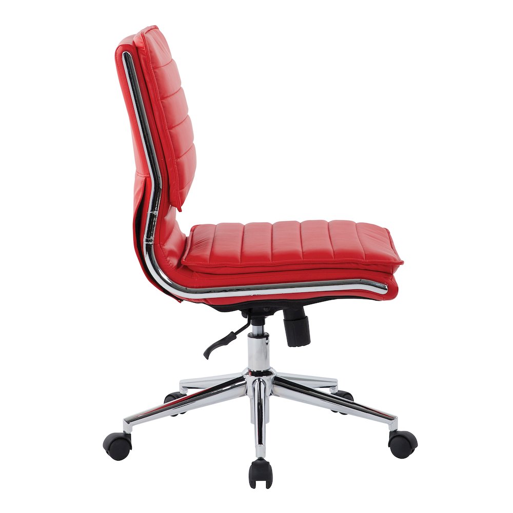 Armless Mid Back Manager's Faux Leather Chair in Red with Chrome Base.