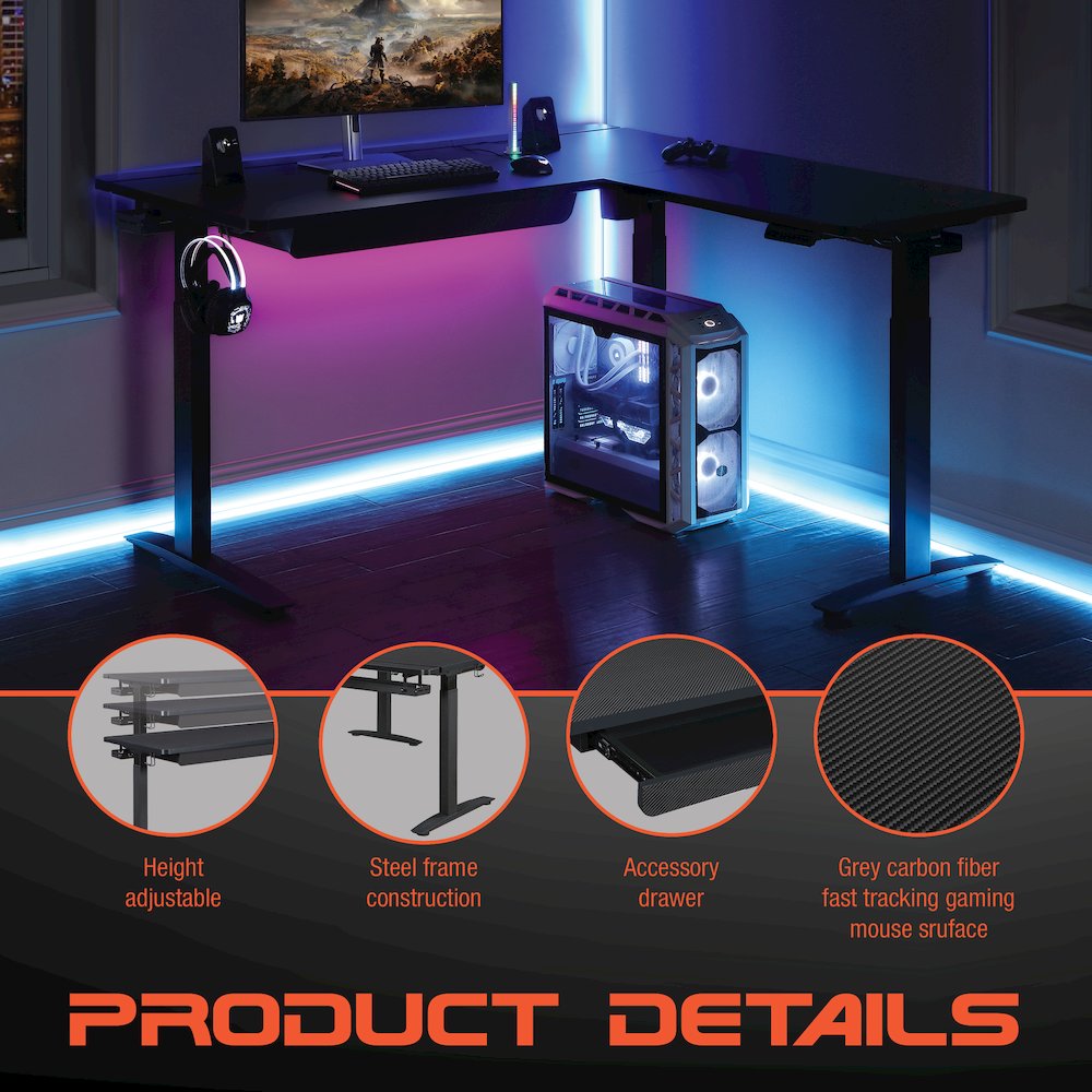 Kilo L-Shape Electric Lift Gaming Desk in Grey Carbon Fiber Finish