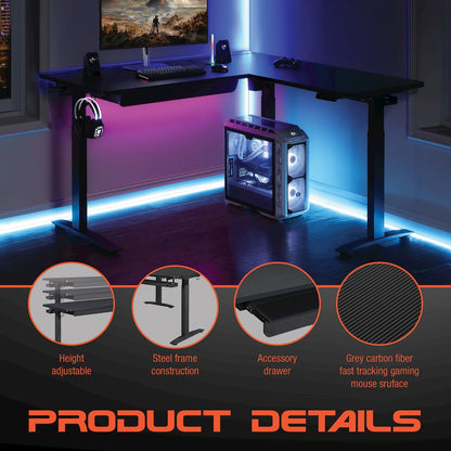 Kilo L-Shape Electric Lift Gaming Desk in Grey Carbon Fiber Finish