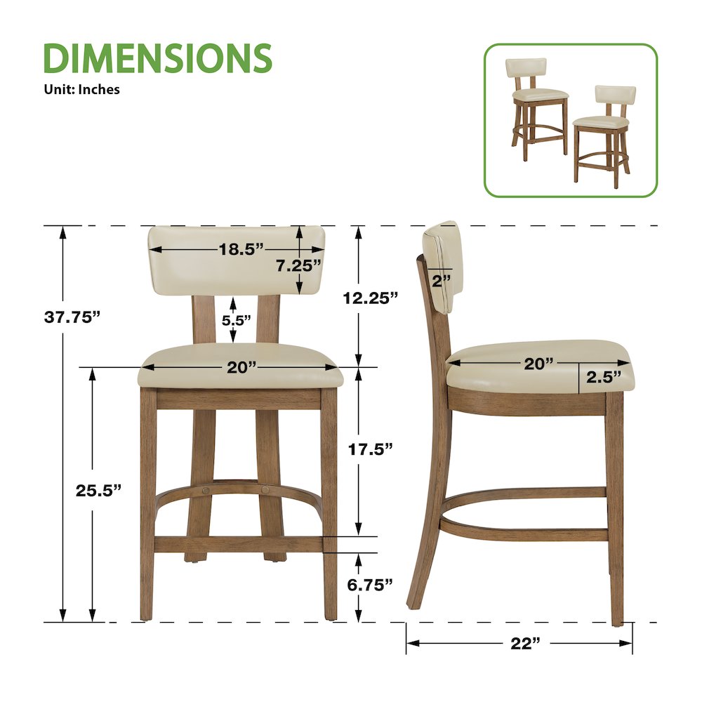 Hanson 26" Counter Stool with Taupe Faux Leather and Medium Oak Wood, 2-Pack