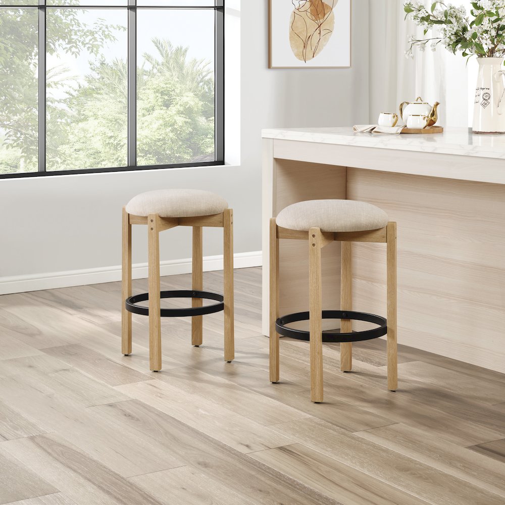Melissa 26" Counter Stools 2-Pack With Cream Fabric Seat and Natural Finish Wood