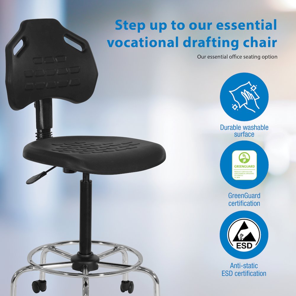 Black Self Skinned Urethane Intermediate Drafting Chair In Chrome Base