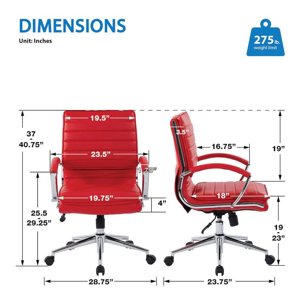 Mid-Back Manager’s Faux Leather Chair with Chrome Base, Removable Arm Sleeves.