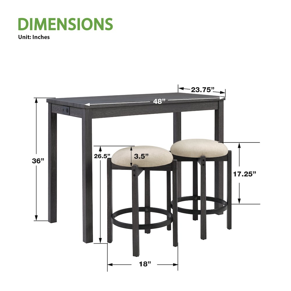 Melissa 3-PC  Counter Height Table Dining Set with Power, 2 Stools