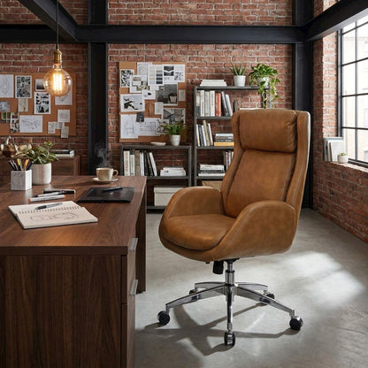 Modern PU Leather High-Back Ergonomic Computer Desk Chair, Padded Seat, Nutmeg