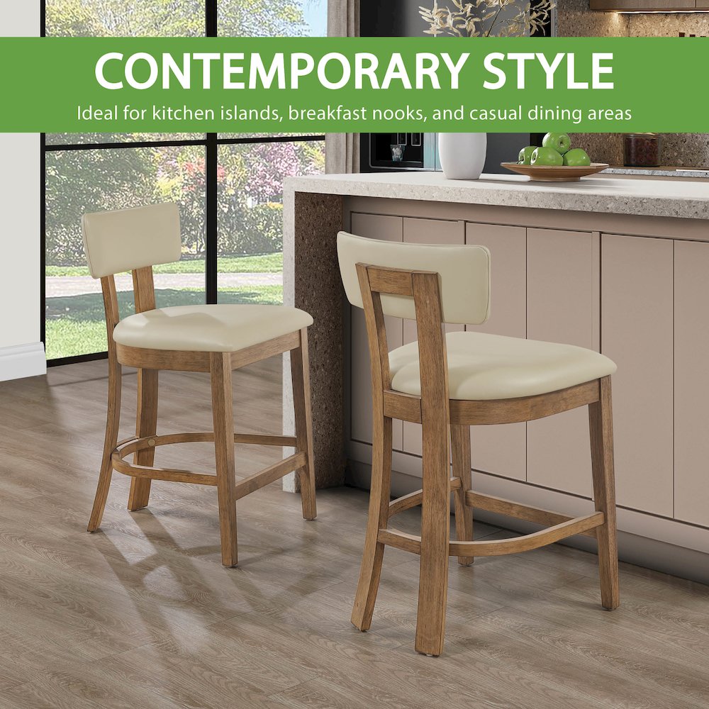 Hanson 26" Counter Stool with Taupe Faux Leather and Medium Oak Wood, 2-Pack