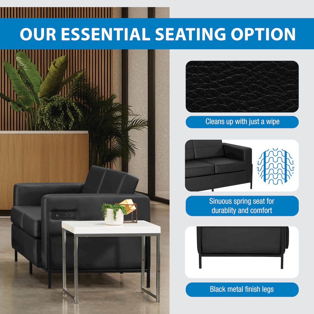 Arctic Loveseat in Black Faux Leather with USB and USB-C Charging Stations