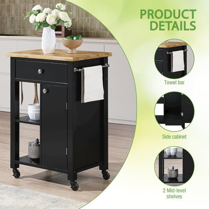 Derry Kitchen Cart with Natural Butcher Block Top With Black Finish