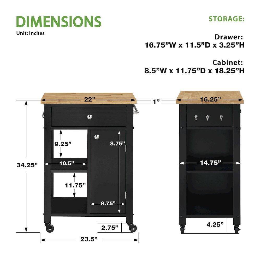 Derry Kitchen Cart with Natural Butcher Block Top With Black Finish