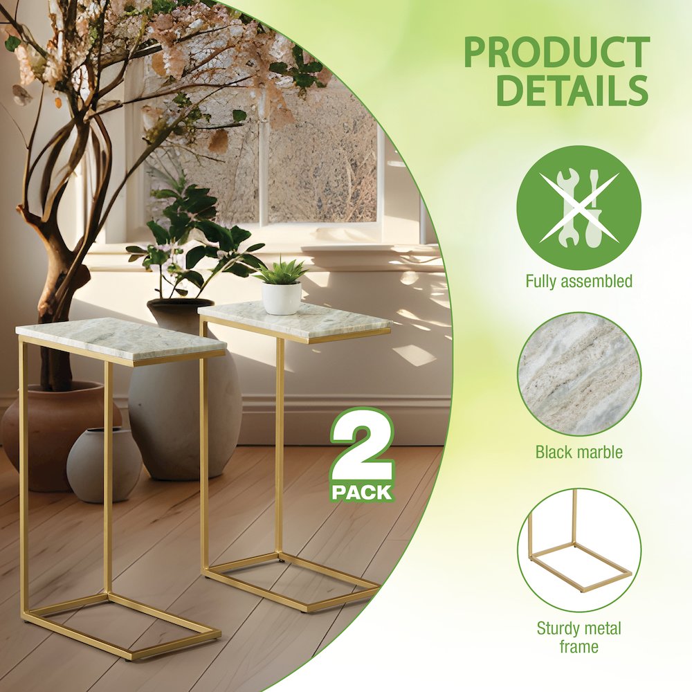 Solid White Marble Top C-Table with Gold Tone Metal Base 2-Pack