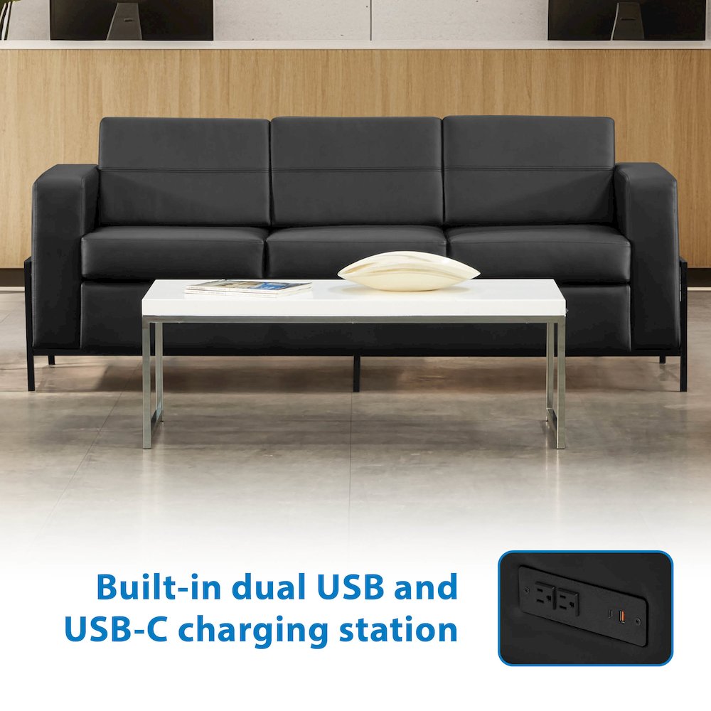 Arctic Sofa in Black Faux Leather with USB and USB-C Charging Stations