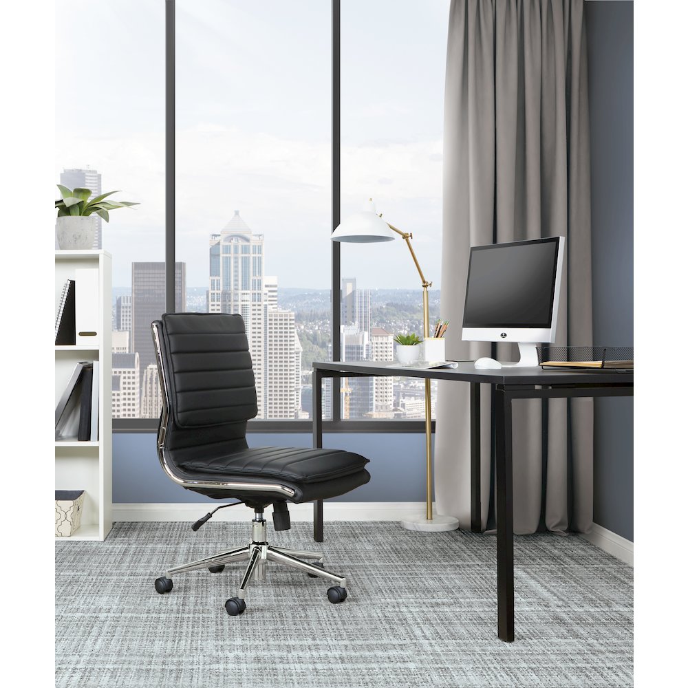 Armless Mid Back Manager's Faux Leather Chair in Black with Chrome Base.