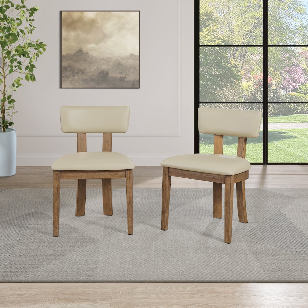 Hanson Dining Chair with Taupe Faux Leather and Medium Oak Wood, 2-Pack