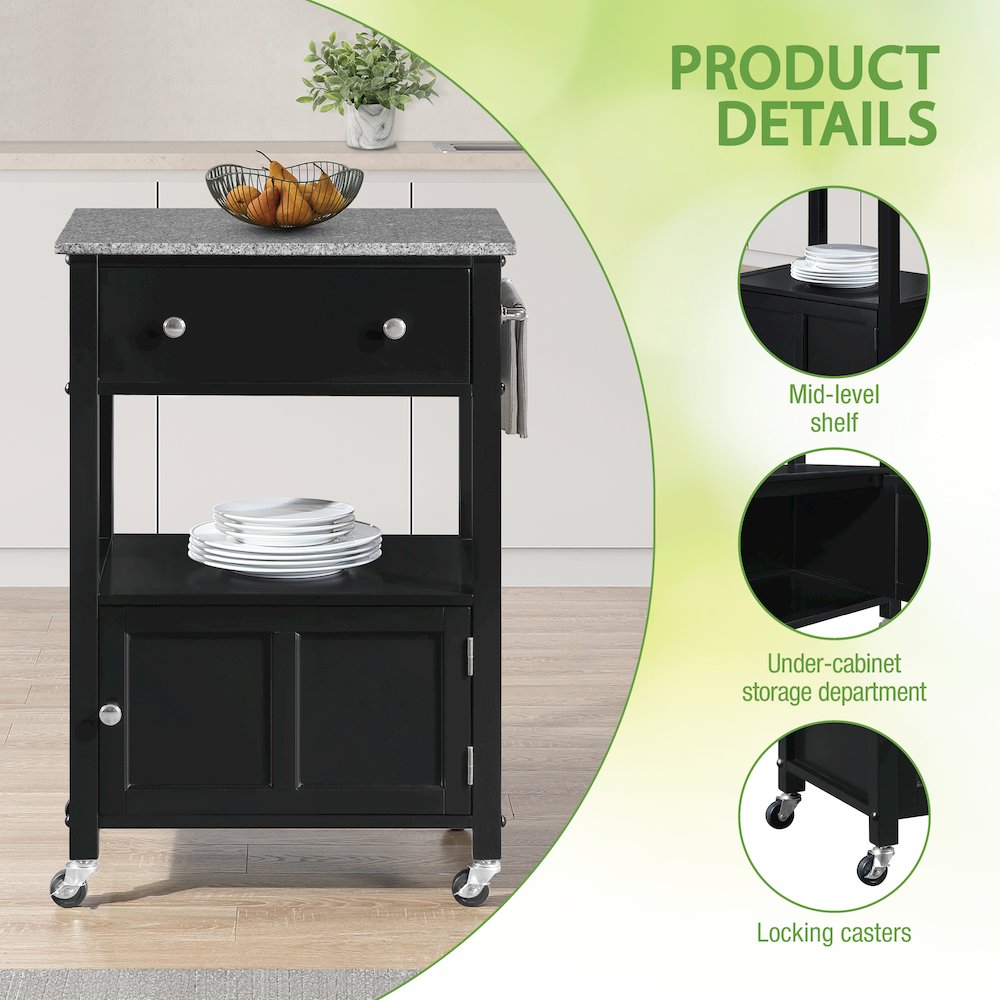 Fairfax Kitchen Cart with Granite Top and Black Base