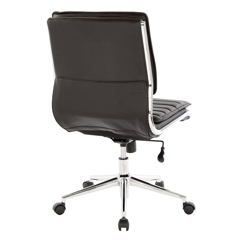 Armless Mid Back Manager's Faux Leather Chair in Black with Chrome Base.