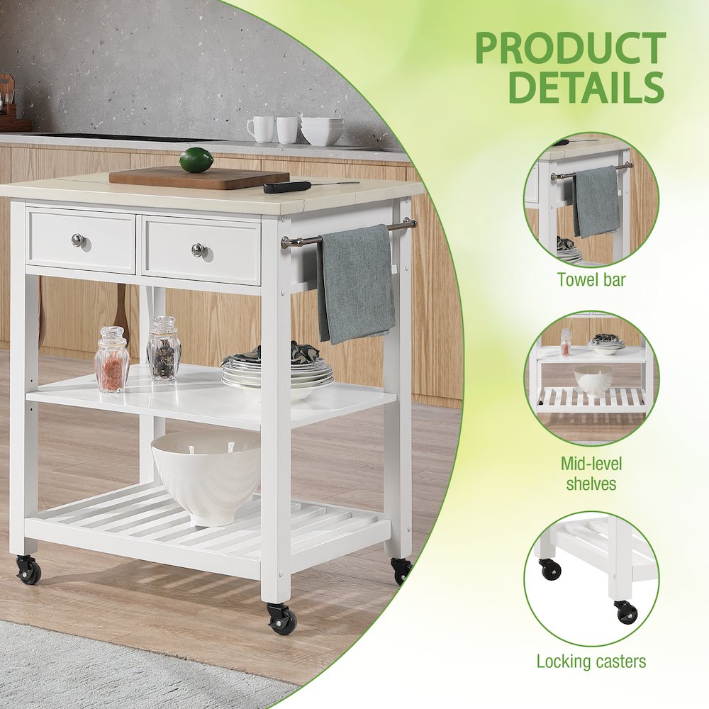 Litchfield Kitchen Cart With Faux Marble Top in White Finish