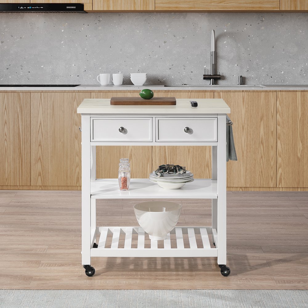 Litchfield Kitchen Cart With Faux Marble Top in White Finish