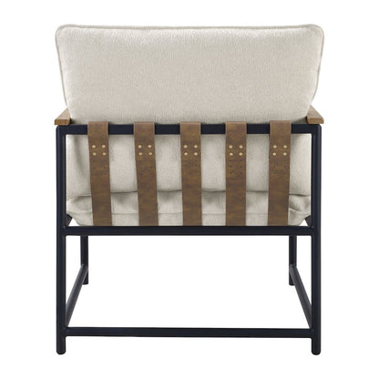 Telly Sling Chair in Ivory Fabric with Oak Wood Arms and Black Steel Frame