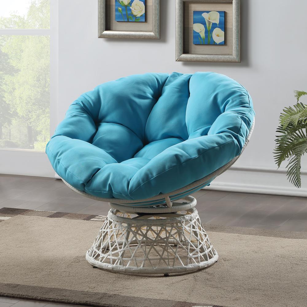 Papasan Chair with Blue Round Pillow Cushion and Cream Wicker Weave, BF29296CM-BL