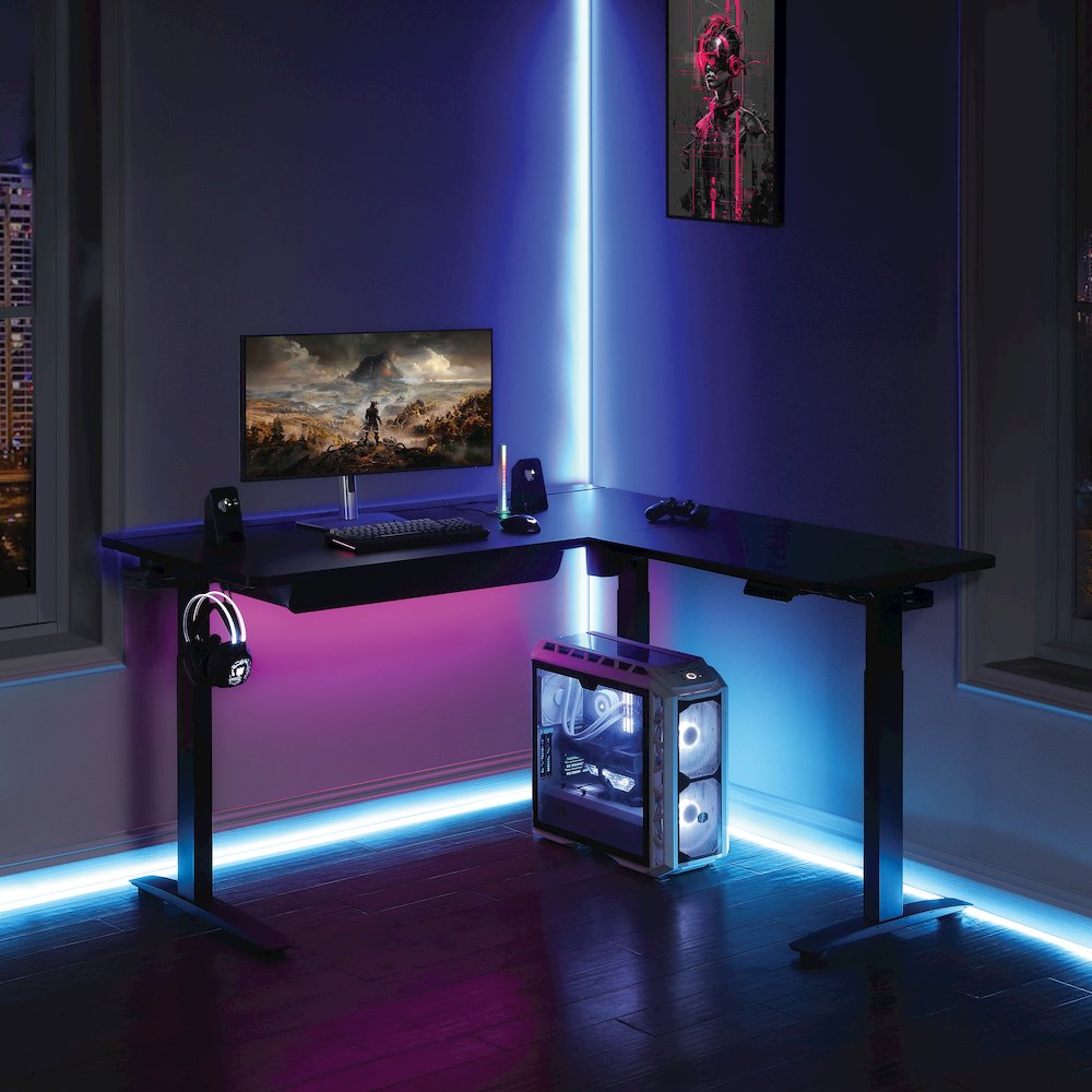 Kilo L-Shape Electric Lift Gaming Desk in Grey Carbon Fiber Finish