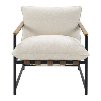 Telly Sling Chair in Ivory Fabric with Oak Wood Arms and Black Steel Frame