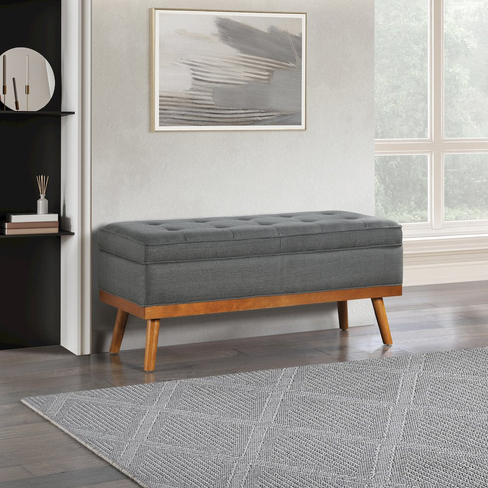 Katheryn Storage Bench in Charcoal Fabric with Spice Finish Legs
