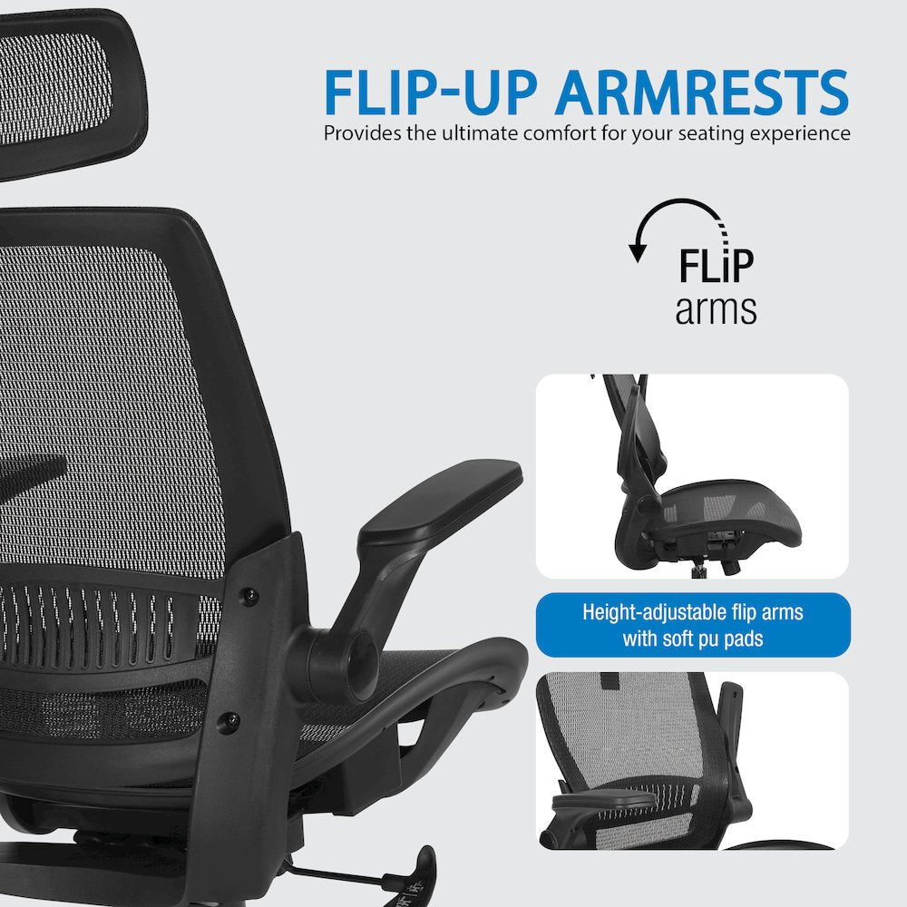 Managers Chair With Mesh Back And Seat And Adjustable Flip Arms And Headrest