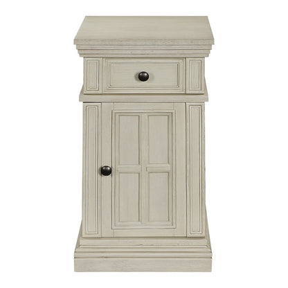 Chair Side Table with 1 Drawer and 1 Glass Door with Power Strip in White Finish