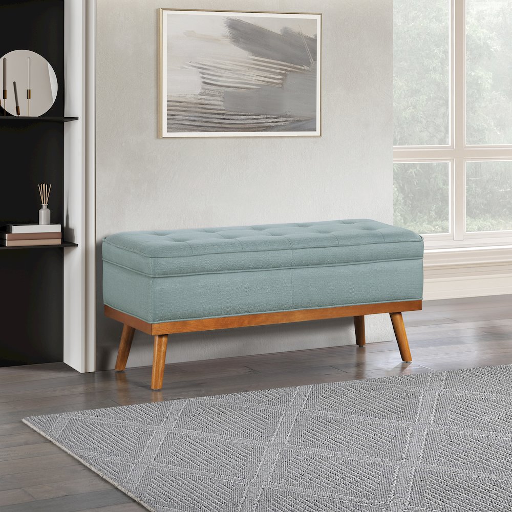 Katheryn Storage Bench in Sea Blue Fabric with Spice Finish Legs
