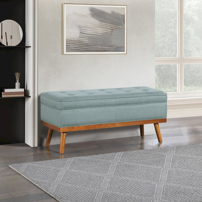 Katheryn Storage Bench in Sea Blue Fabric with Spice Finish Legs