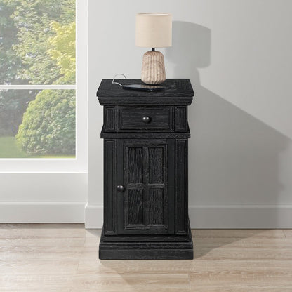 Chair Side Table with 1 Drawer and 1 Glass Door with Power Strip in Black Finish