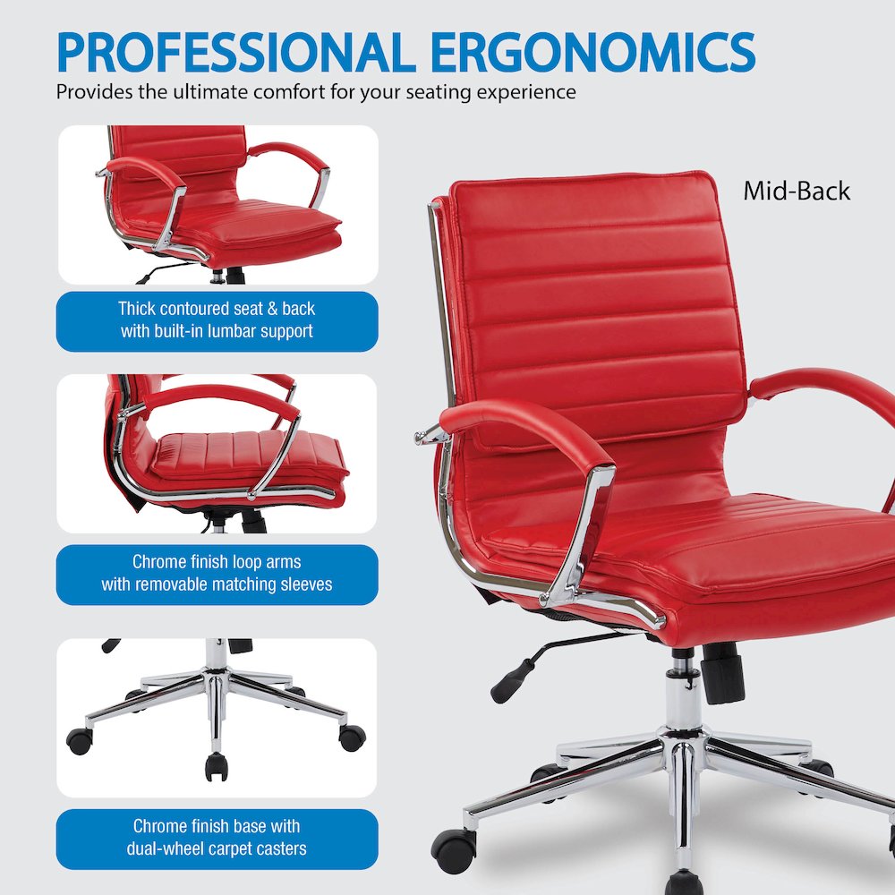 Mid-Back Manager’s Faux Leather Chair with Chrome Base, Removable Arm Sleeves.