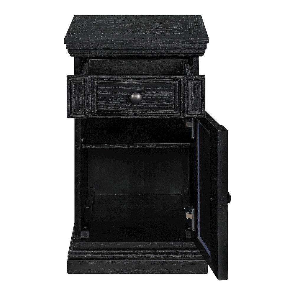 Chair Side Table with 1 Drawer and 1 Glass Door with Power Strip in Black Finish