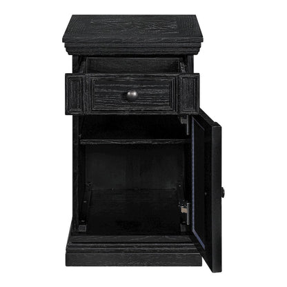 Chair Side Table with 1 Drawer and 1 Glass Door with Power Strip in Black Finish