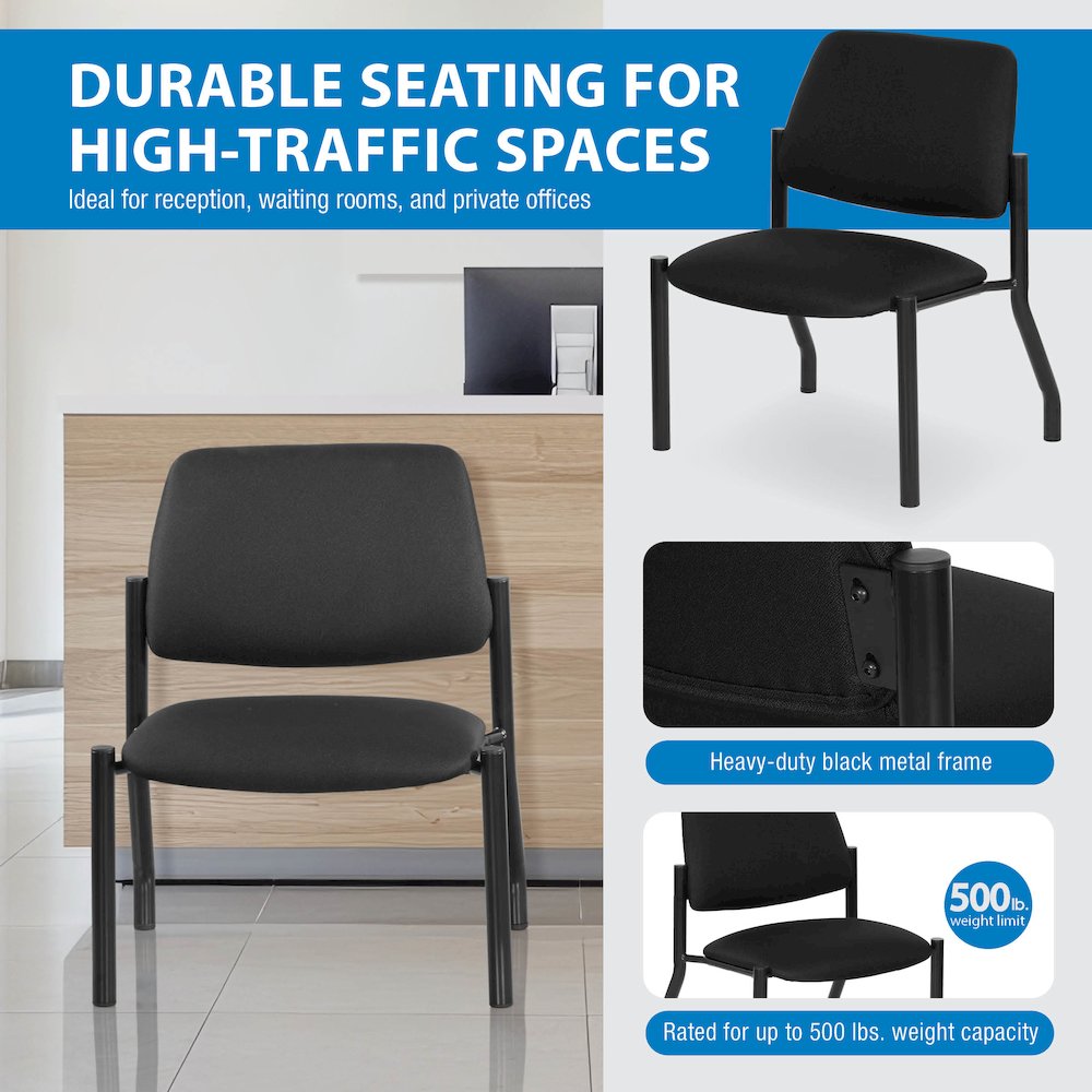 Big & Tall Armless Guest Chair in Icon Black Fabric with Black Metal Frame
