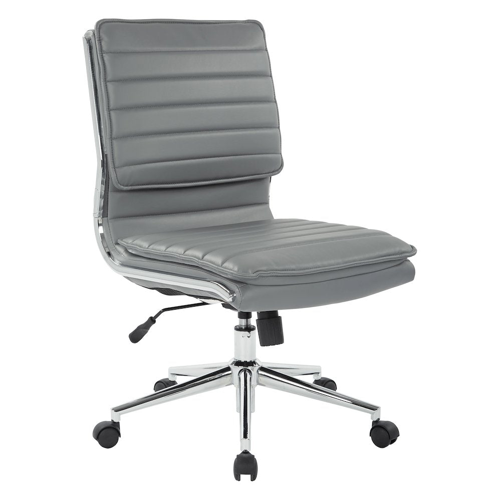 Armless Mid Back Manager's Faux Leather Chair in Charcoal with Chrome Base.