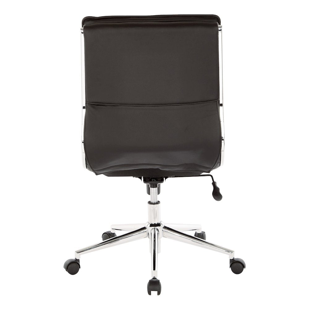 Armless Mid Back Manager's Faux Leather Chair in Black with Chrome Base.