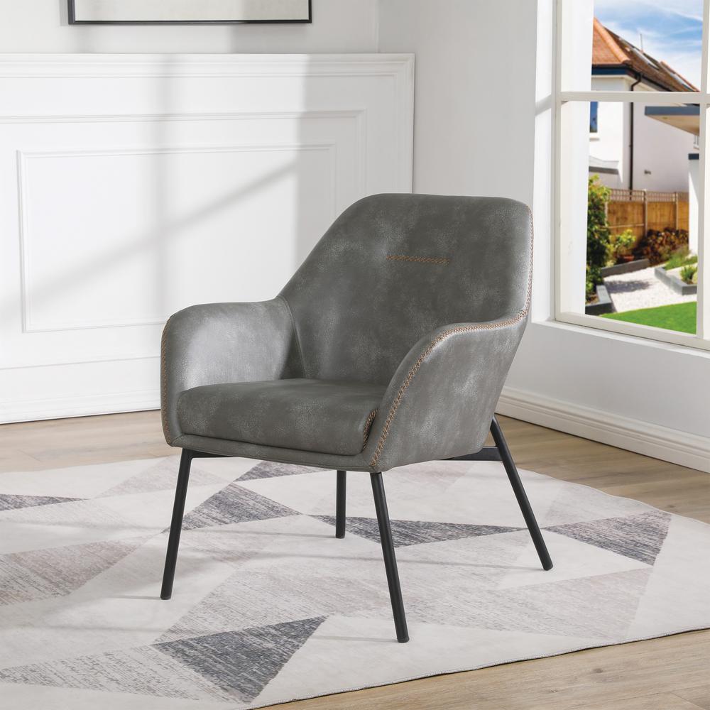 Brooks Accent Chair in Grey Faux Leather with Gold Stitch and Black Legs, BRK-R44