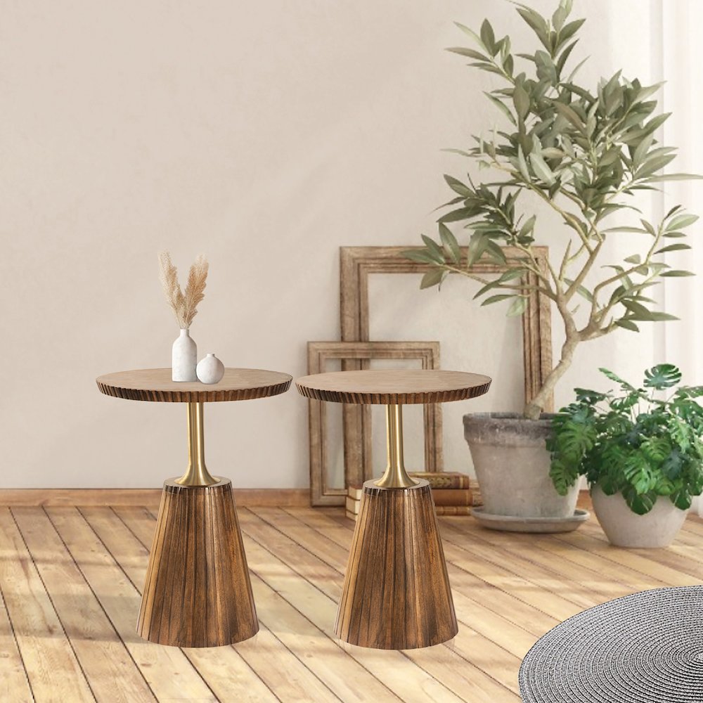 Round Side Table in Golden Honey Wood Top with Metal Base - 2 Pack