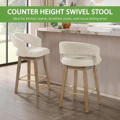 Elsie 26" Swivel Counter stool in Linen Fabric with Medium Oak Finish, Set of 2