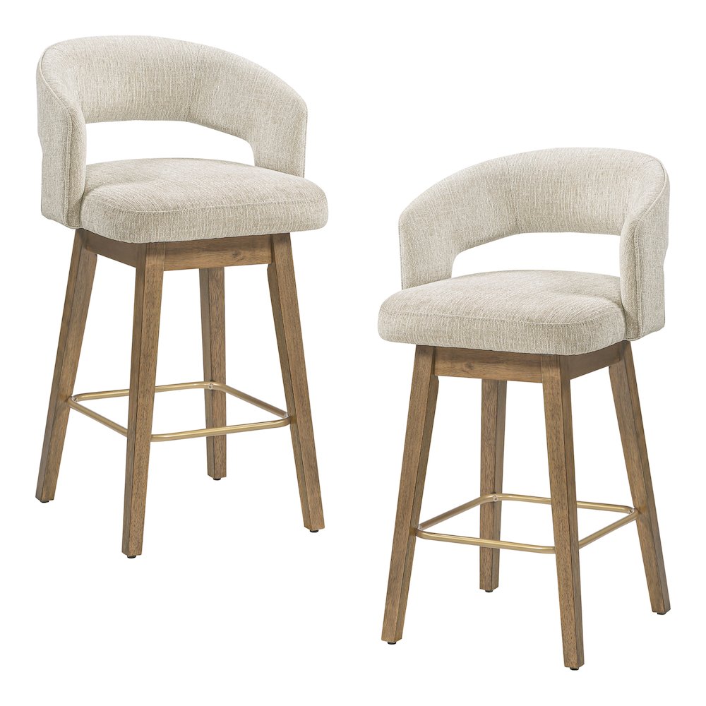 Elsie 26" Swivel Counter stool in Linen Fabric with Medium Oak Finish, Set of 2