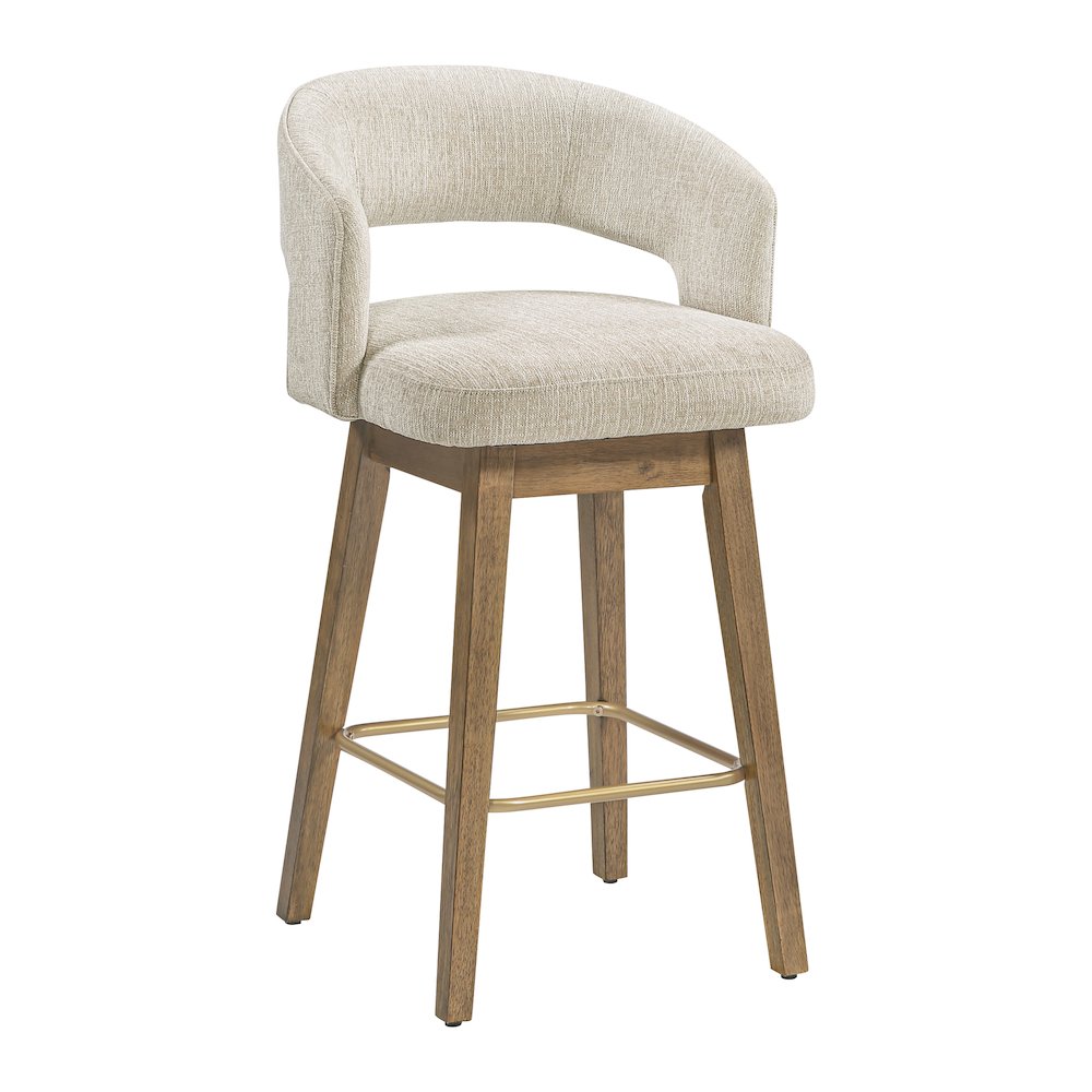 Elsie 26" Swivel Counter stool in Linen Fabric with Medium Oak Finish, Set of 2