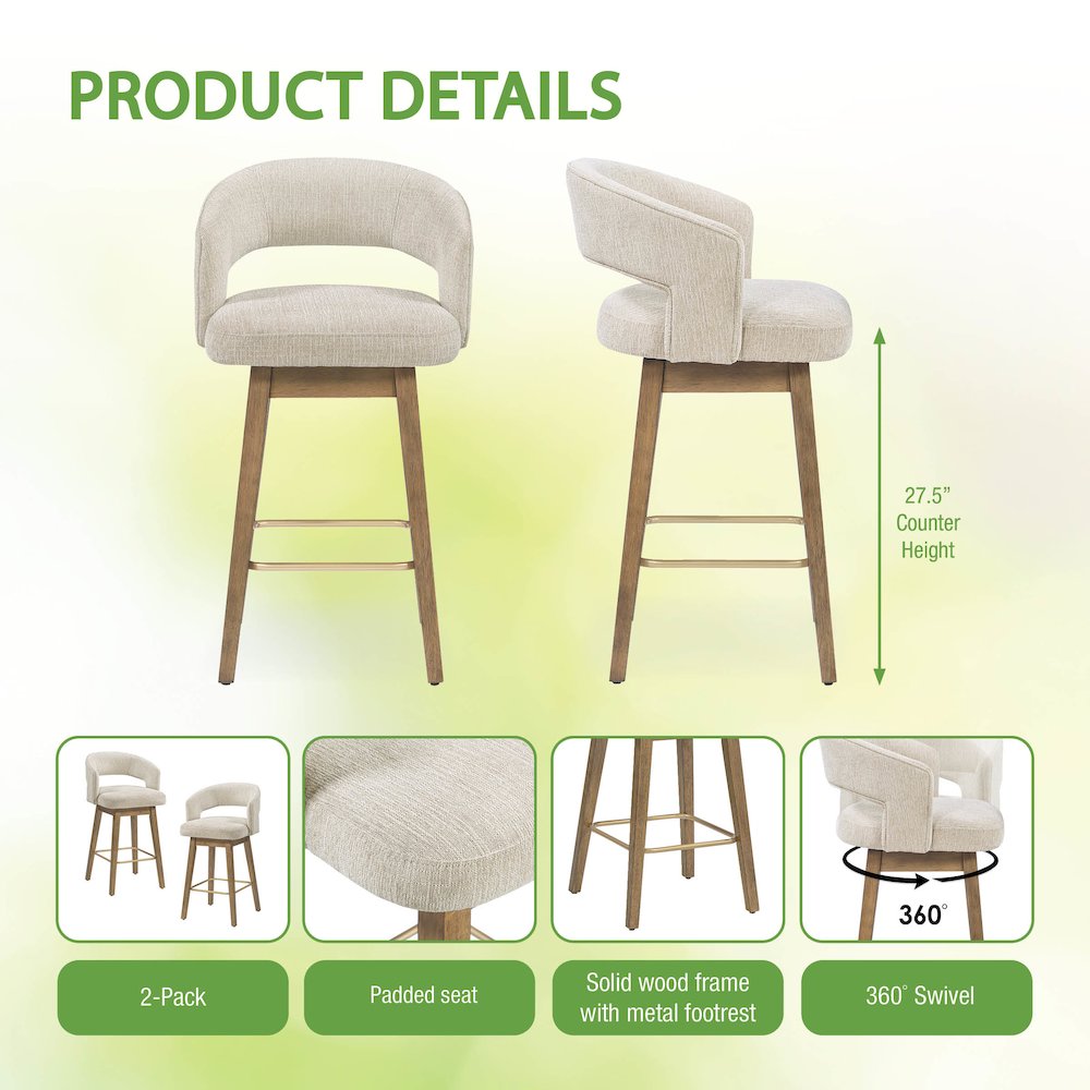 Elsie 26" Swivel Counter stool in Linen Fabric with Medium Oak Finish, Set of 2