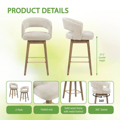 Elsie 26" Swivel Counter stool in Linen Fabric with Medium Oak Finish, Set of 2