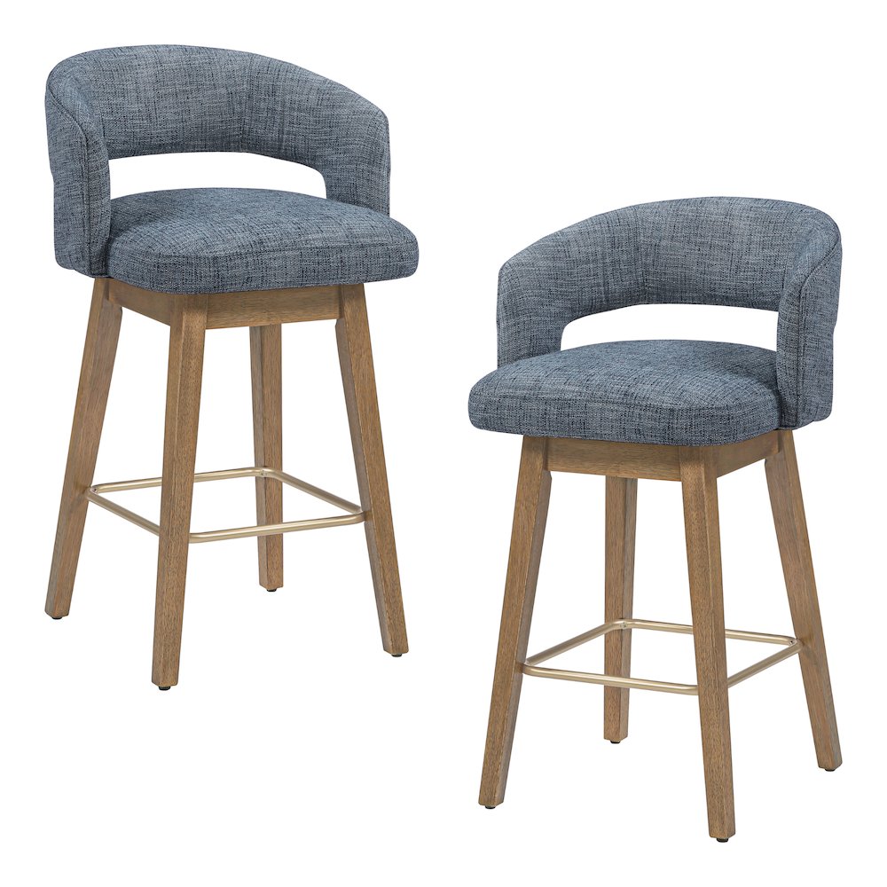 Elsie 26" Swivel Counter stool in Indigo Fabric with Medium Oak Finish, Set of 2