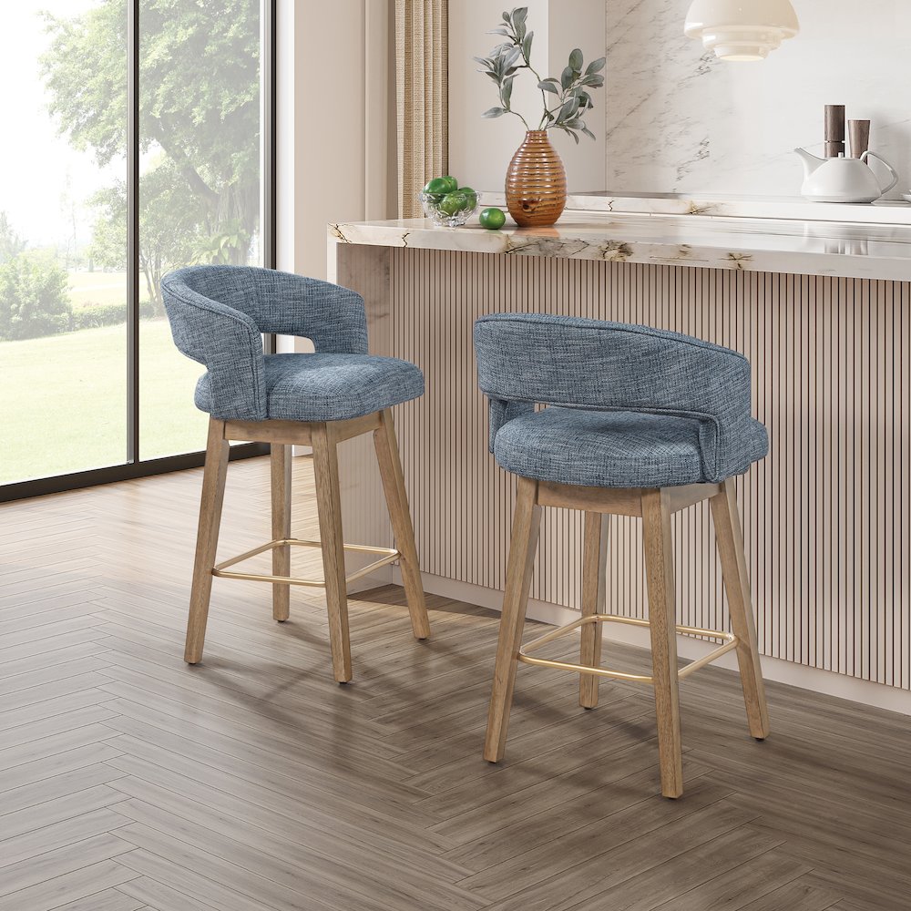 Elsie 26" Swivel Counter stool in Indigo Fabric with Medium Oak Finish, Set of 2
