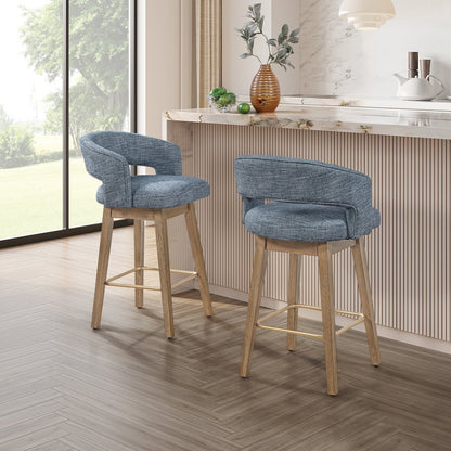 Elsie 26" Swivel Counter stool in Indigo Fabric with Medium Oak Finish, Set of 2