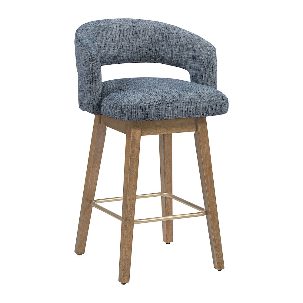 Elsie 26" Swivel Counter stool in Indigo Fabric with Medium Oak Finish, Set of 2